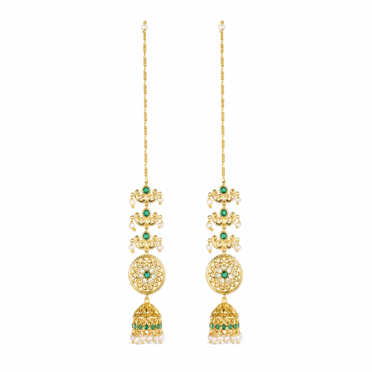 Golden Pearl Maatal Cascate Jhumka Earrings