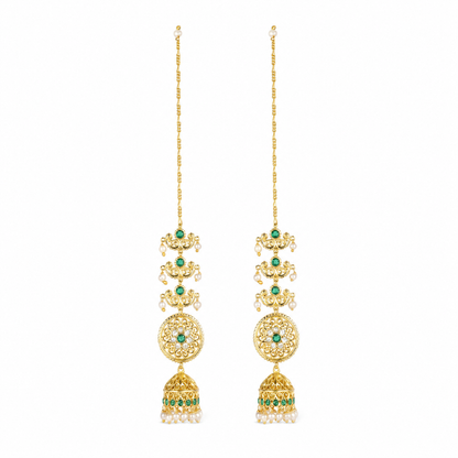 Golden Pearl Maatal Cascate Jhumka Earrings