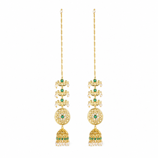 Golden Pearl Maatal Cascate Jhumka Earrings