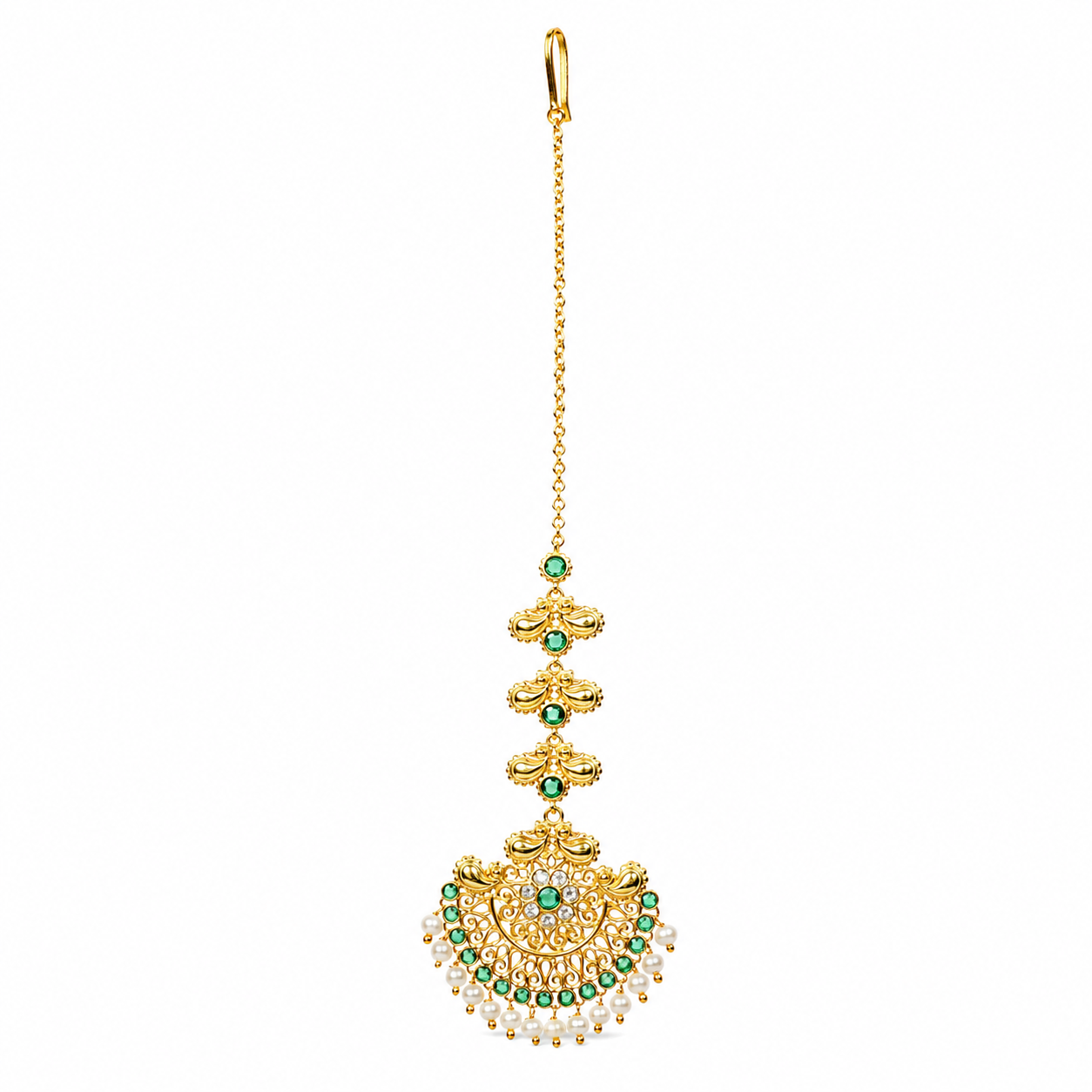 A gold-toned traditional Indian maang tikka earring with green stone accents and a row of dangling white pearls, shown against a plain white background.

