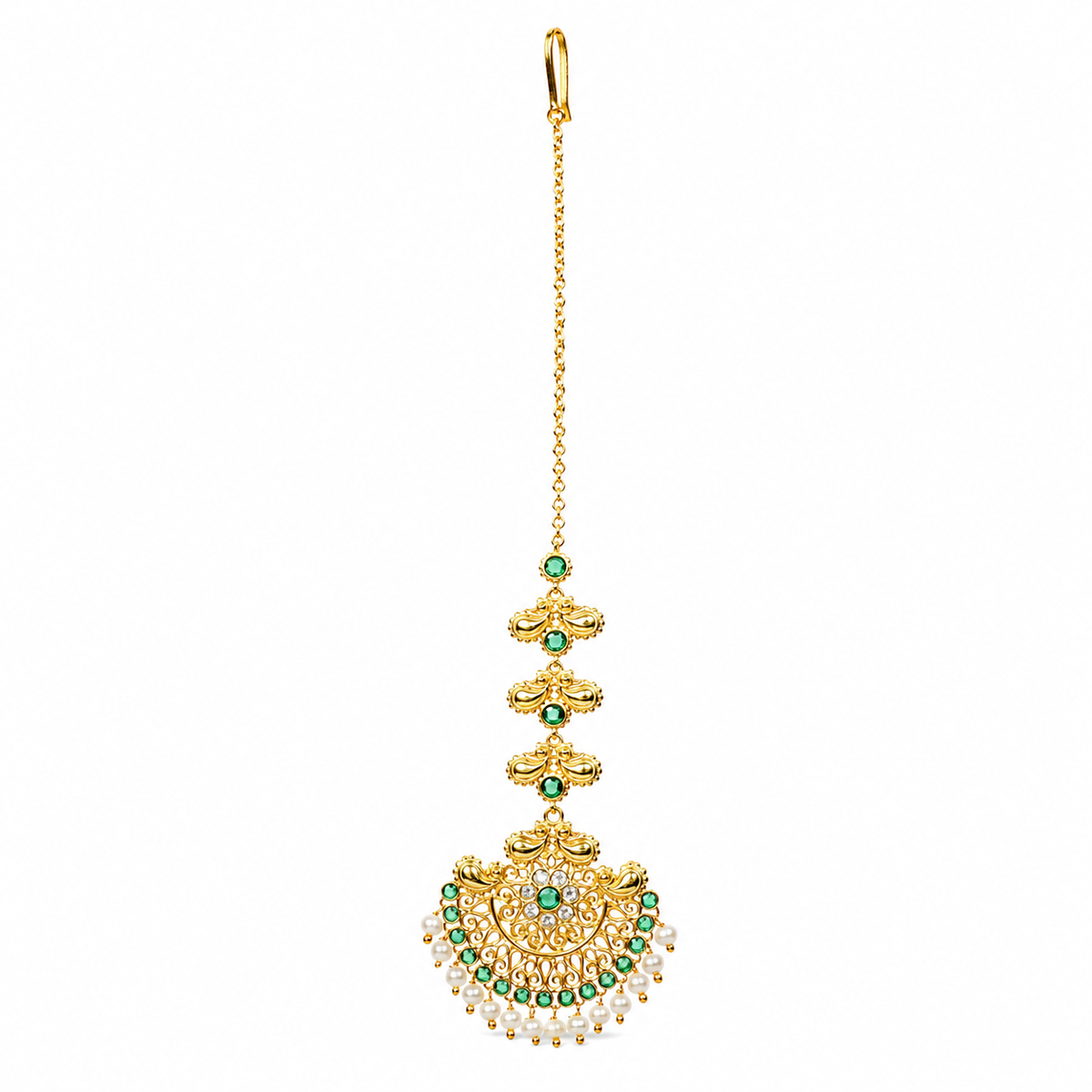 A gold-toned traditional Indian maang tikka earring with green stone accents and a row of dangling white pearls, shown against a plain white background.

