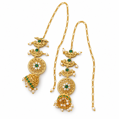 Golden Pearl Maatal Cascate Jhumka Earrings