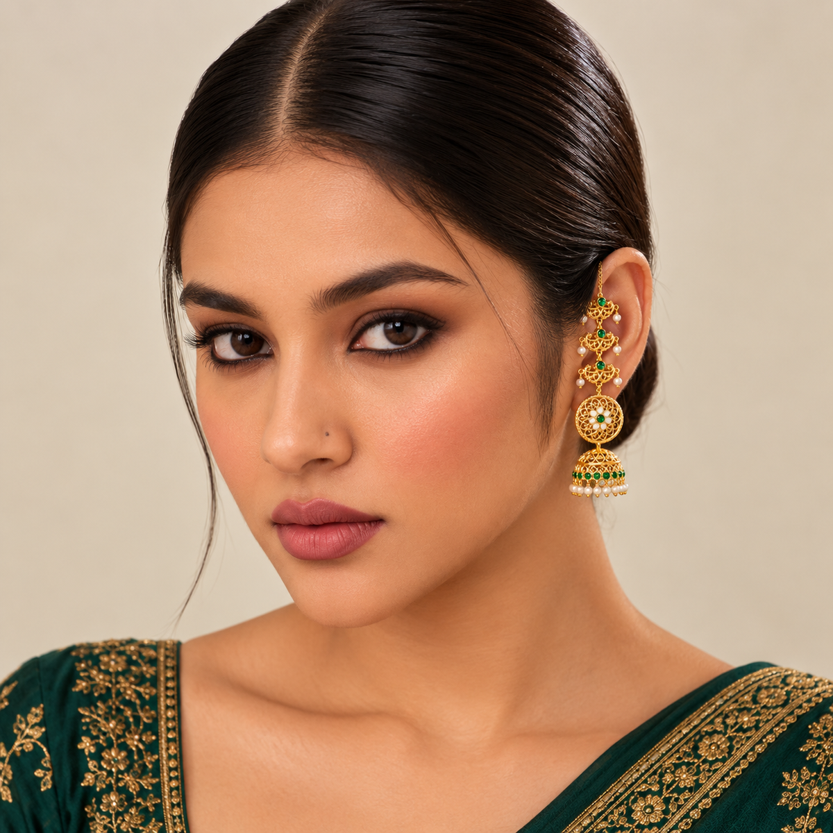 Golden Pearl Maatal Cascate Jhumka Earrings