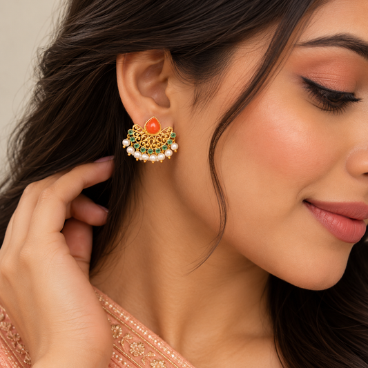 Marakata Mukta Kanak Pankti Stud Earrings