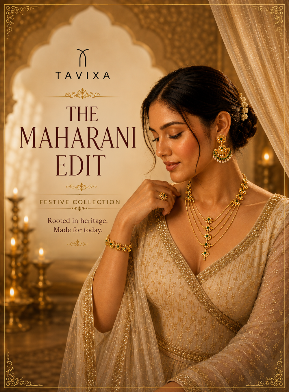 A woman in an ornate beige and gold traditional outfit poses indoors with gold jewelry, set against a warm decorative archway and candlelit background. Text on the image reads 'TAVIXA' and 'THE MAHARANI EDIT'.

